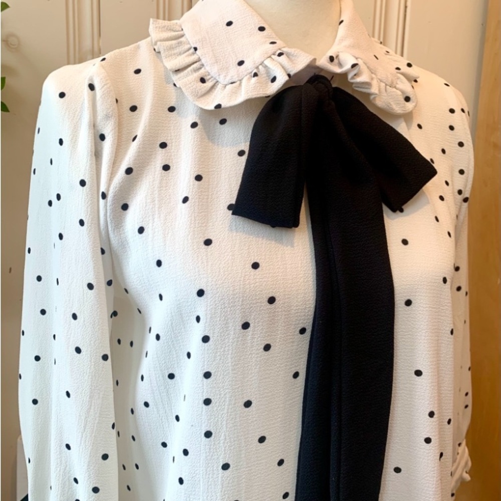 E A M POLKA DOT BLOUSE BOW COLLAR MEDIUM IVORY NEW